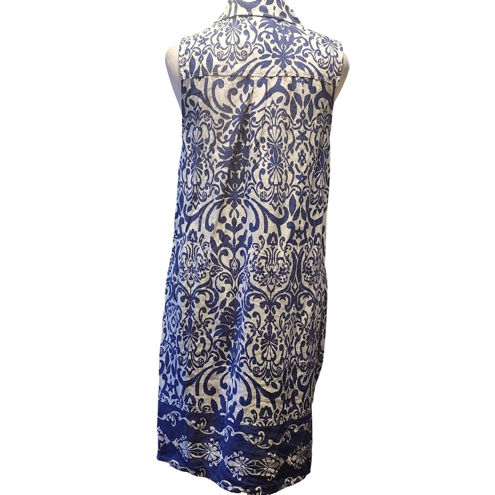 Casa Cabana Blue White Damask Linen Blend Sleeveless Quarter Zip Shift Dress S - Picture 3 of 7